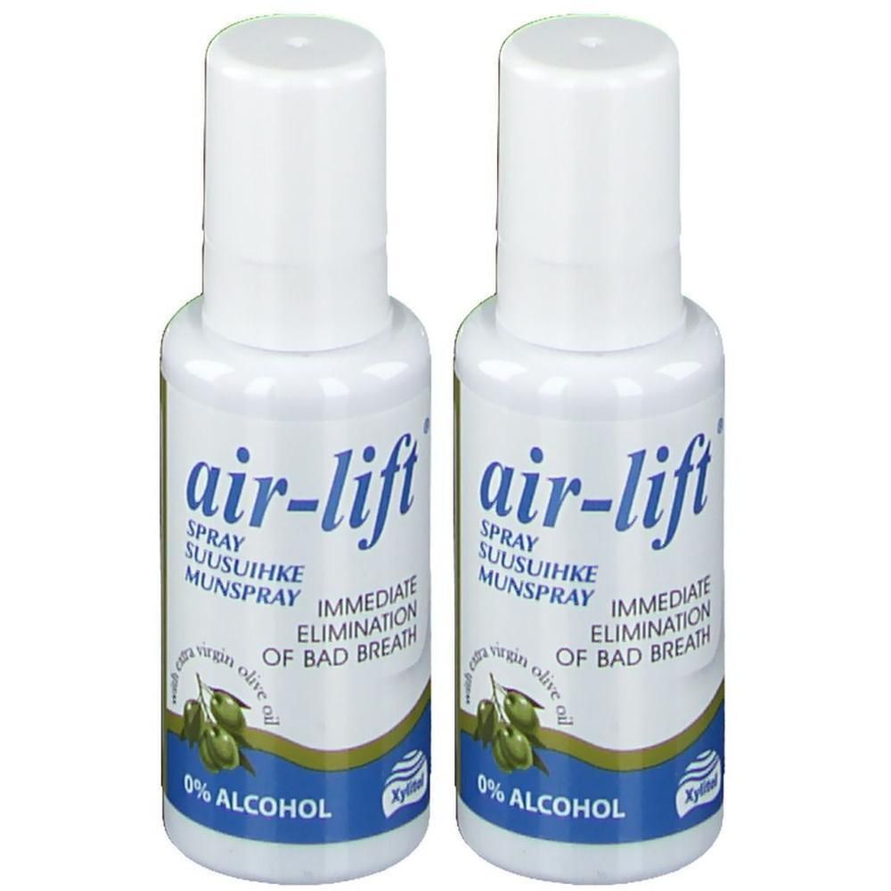Zwei weiße Sprühflaschen mit dem Aufdruck "air-lift". Text: "Immediate Elimination of Bad Breath", 0% Alkohol.