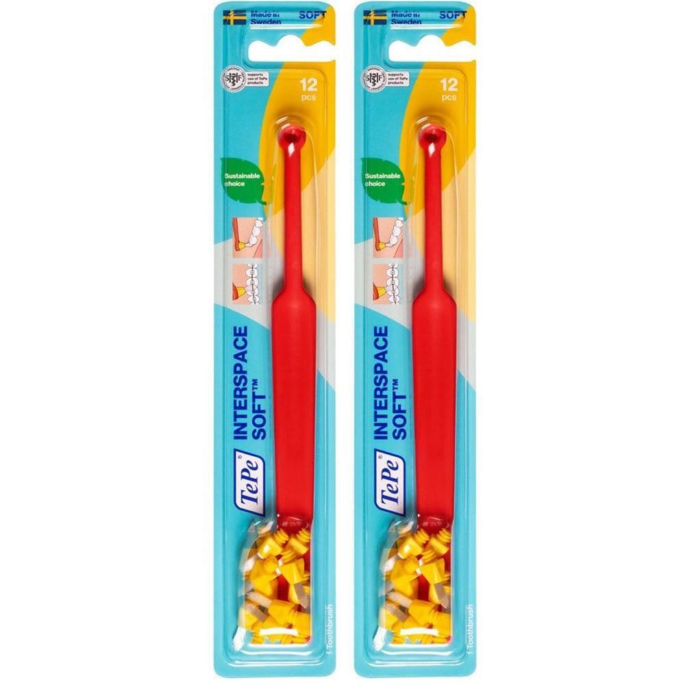Zwei rote Winkelbürsten in Blisterverpackung. Aufschrift: TePe Interspace Soft. 12 Stück.