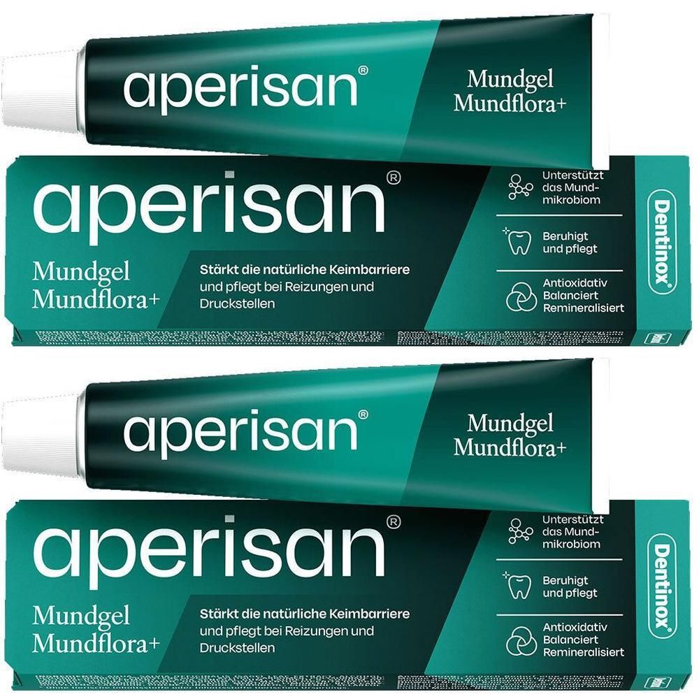 Mehrere Tuben Aperisan Mundgel Mundflora+. Grün-weiße Verpackung. Text: Mundgel Mundflora+.