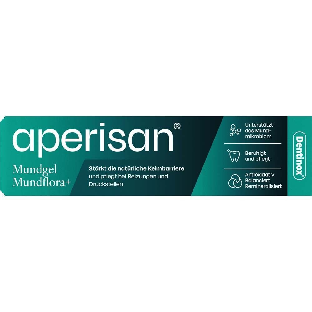 Aperisan Mundgel Mundflora+ Tube und Verpackung. Grün-weiße Farben. Text: Mundgel Mundflora+.