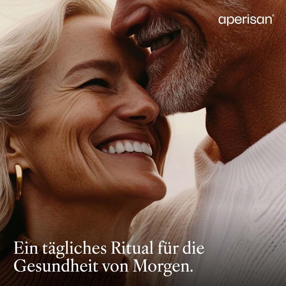 Frau und Mann lächeln. Text: Ein tägliches Ritual für die Gesundheit von Morgen.