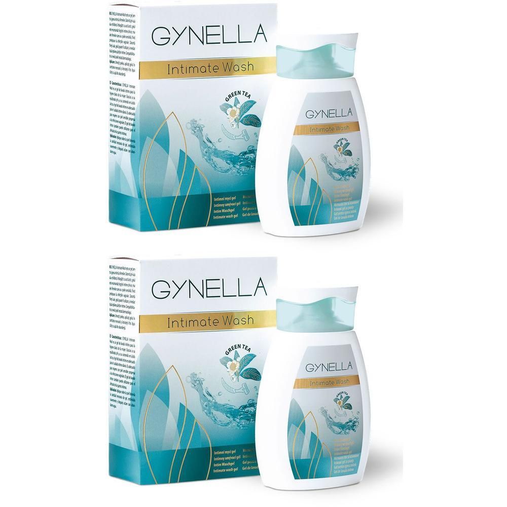 Zwei Flaschen und zwei Kartons GYNELLA Intimate Wash. Flaschen weiß mit blauem Deckel. Kartons weiß mit Produktnamen.