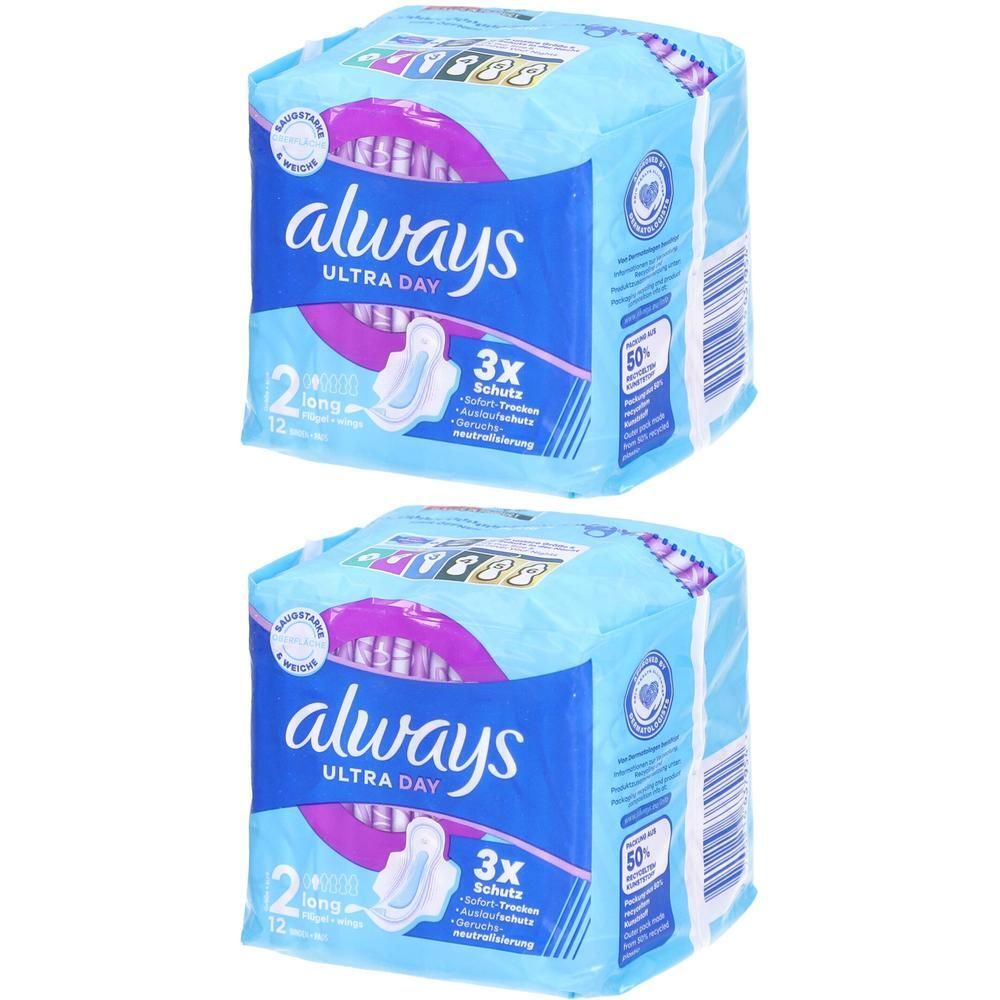 Zwei Packungen Always Ultra Day, lange Damenbinden mit Flügeln. Blaue Verpackung mit Produktabbildung und Schriftzügen. 12 Stück pro Packung.