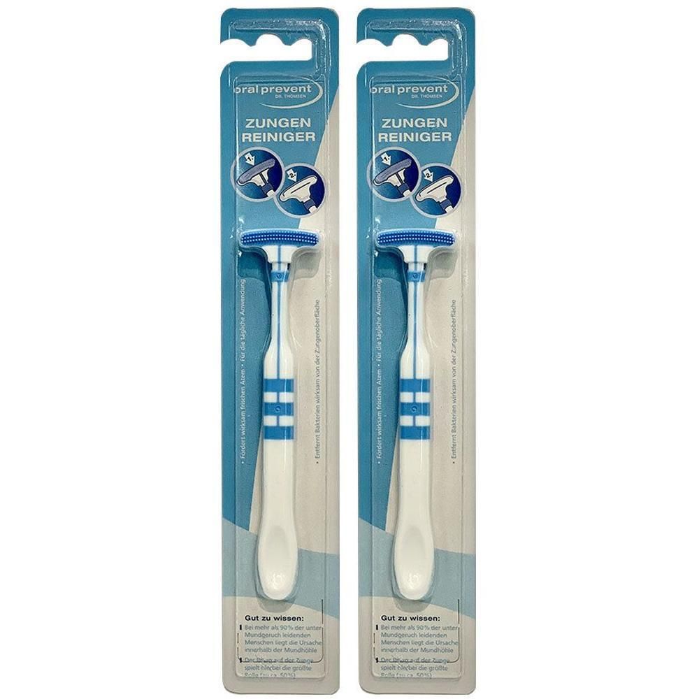 Zwei Zungenreiniger in Blisterverpackung. Weißer Griff mit blauen Streifen, blauer Reinigerkopf. Verpackung mit Produktnamen und Logo.