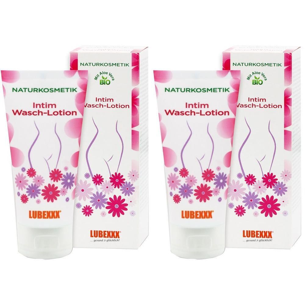 Zwei Tuben und zwei Kartons. Aufschrift: Intim Wasch-Lotion, LUBEXXX. Bio-Siegel. Illustration einer Frau.