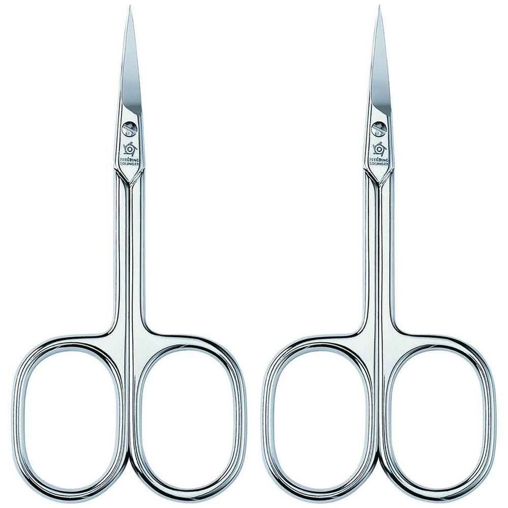 Zwei Hautscheren, vernickelt. Metall, mit abgerundeten Griffen und spitzen Klingen. Pfeilring Logo auf den Scherenblättern.