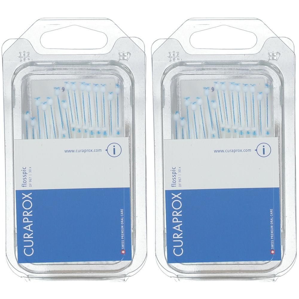 Zwei Blisterpackungen mit weißen und blauen Flosspics. Die Verpackung zeigt den Markennamen Curaprox und den Produktnamen Flossipic.