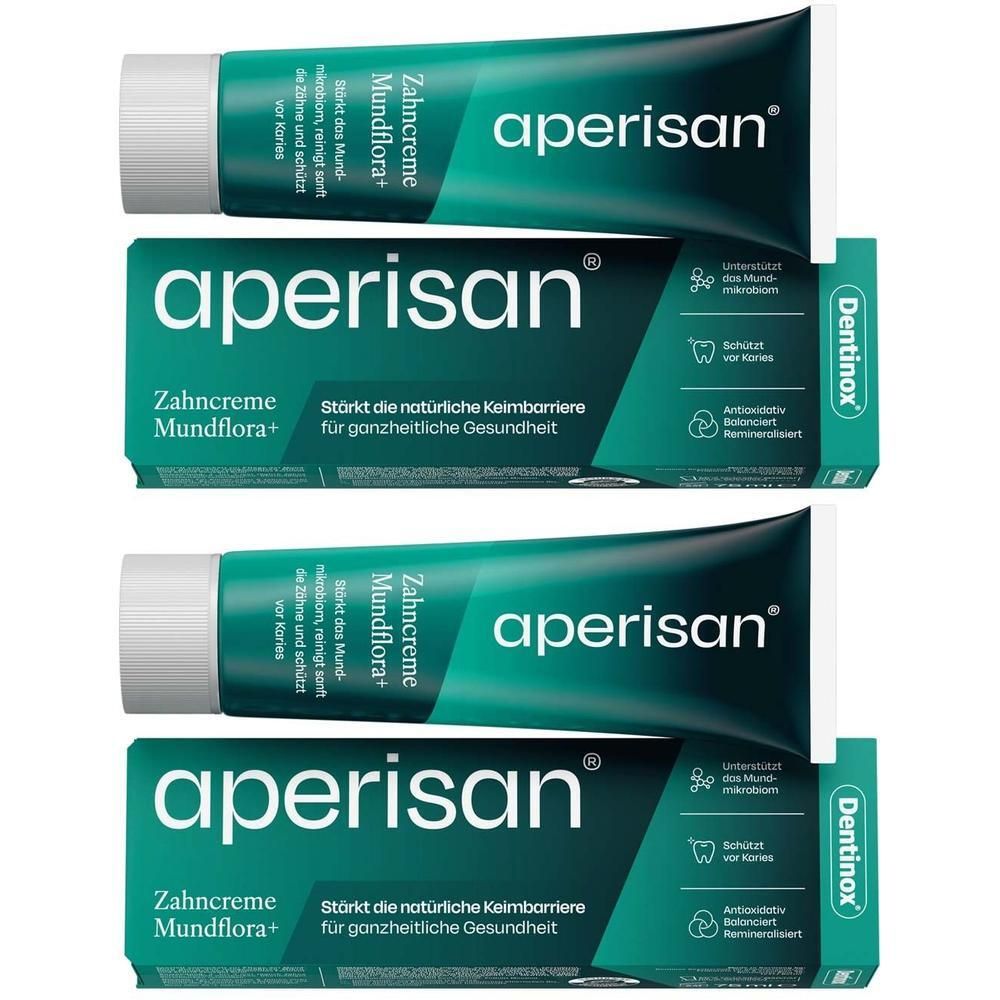 Zahnpasta-Tuben, aperisan® Zahncreme Mundflora+. Grün-weiße Verpackung. Dentinox Logo.