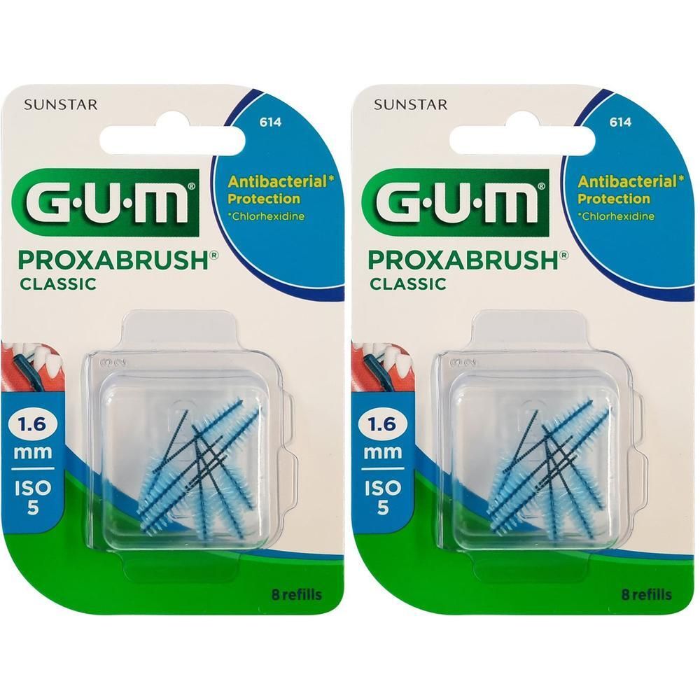 Zwei Packungen GUM PROXABRUSH CLASSIC. Jede Packung enthält 8 Refills mit blauen Bürsten. Auf jeder Packung steht 1,6 mm und ISO 5.