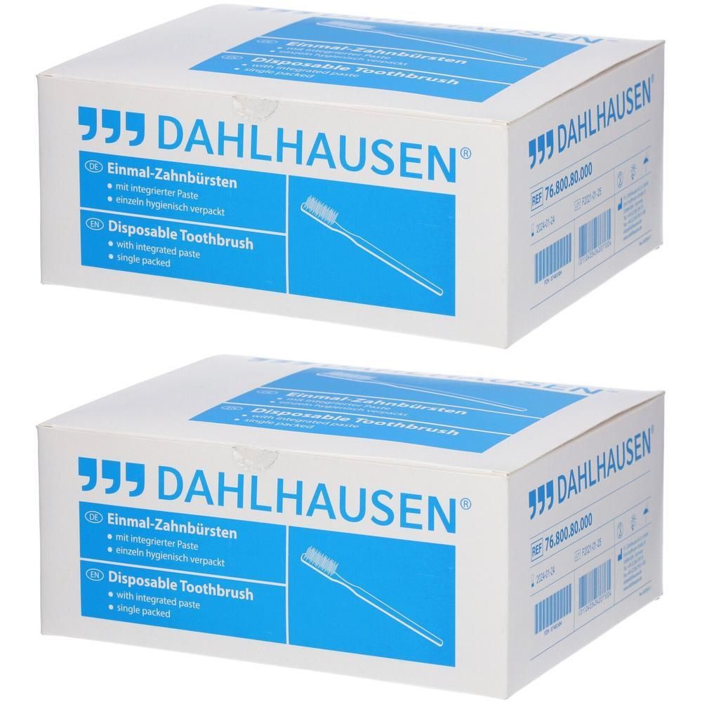 Zwei Kartons mit Einmal-Zahnbürsten. Blaue und weiße Verpackung. Aufschrift: DAHLHAUSEN, Einmal-Zahnbürsten, Disposable Toothbrush.