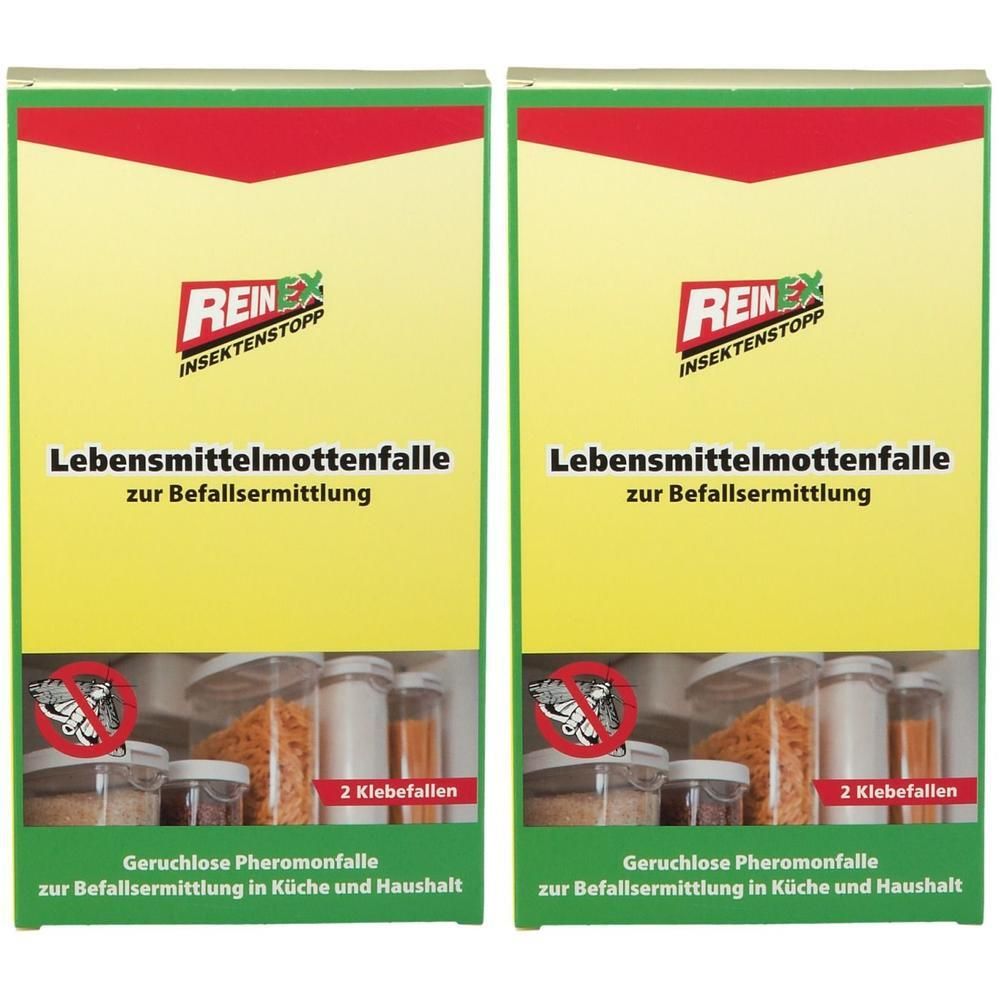 Zwei Packungen REINEX Lebensmittelmottenfalle. Gelb-grüne Verpackung mit rotem Akzent. Text: Lebensmittelmottenfalle, 2 Klebefallen.