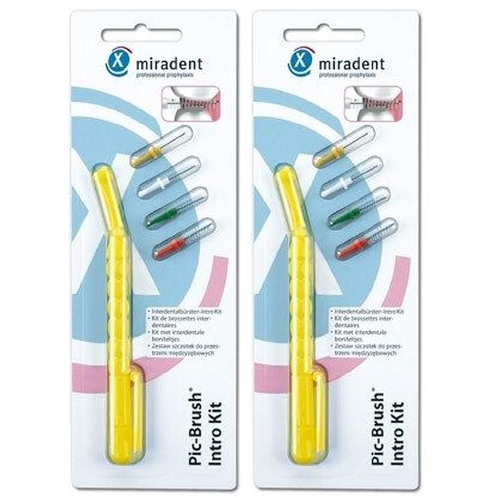 Zwei Packungen miradent Pic-Brush Intro Kit. Jede Packung enthält einen gelben Griff und Interdentalbürsten in verschiedenen Farben.
