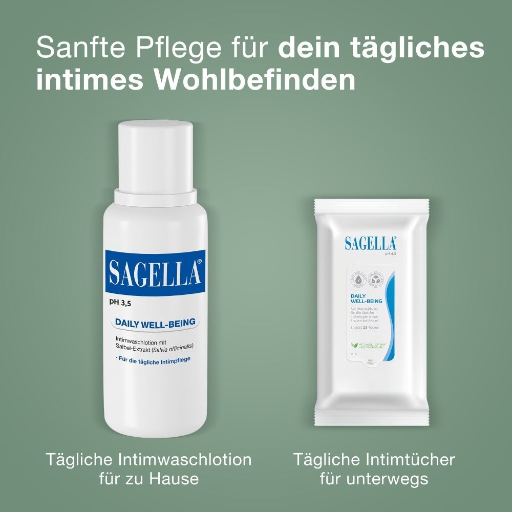 SAGELLA Intimwaschlotion und Intimpflegetücher für den täglichen Gebrauch.
