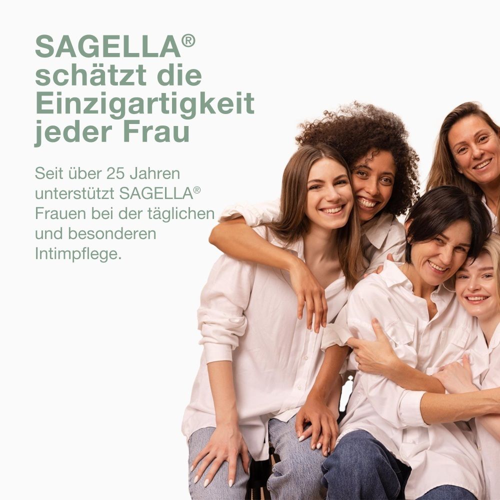 Gruppe lächelnder Frauen, die SAGELLA Intimpflege unterstützen.