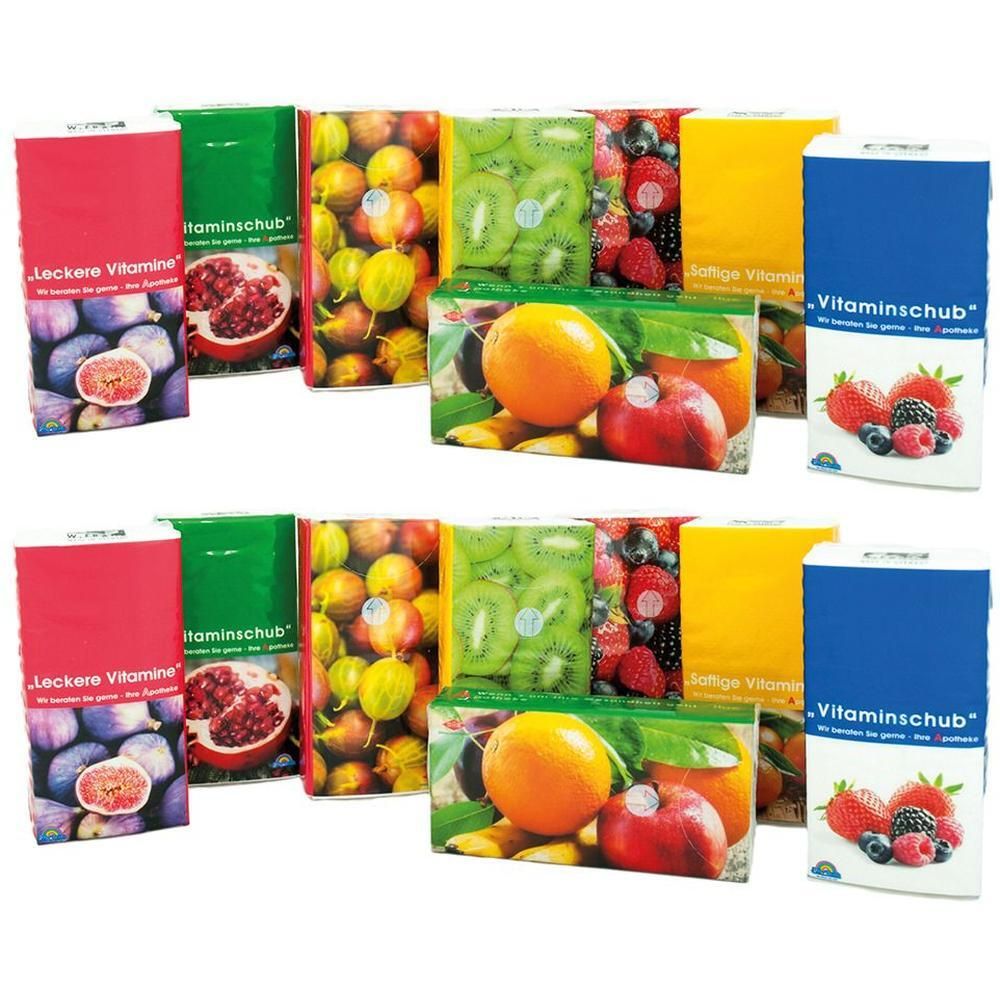 Mehrere Packungen Taschentücher mit verschiedenen Fruchtmotiven. Aufdrucke: „Vitamine“, Früchte wie Kiwi, Erdbeeren, Granatapfel.