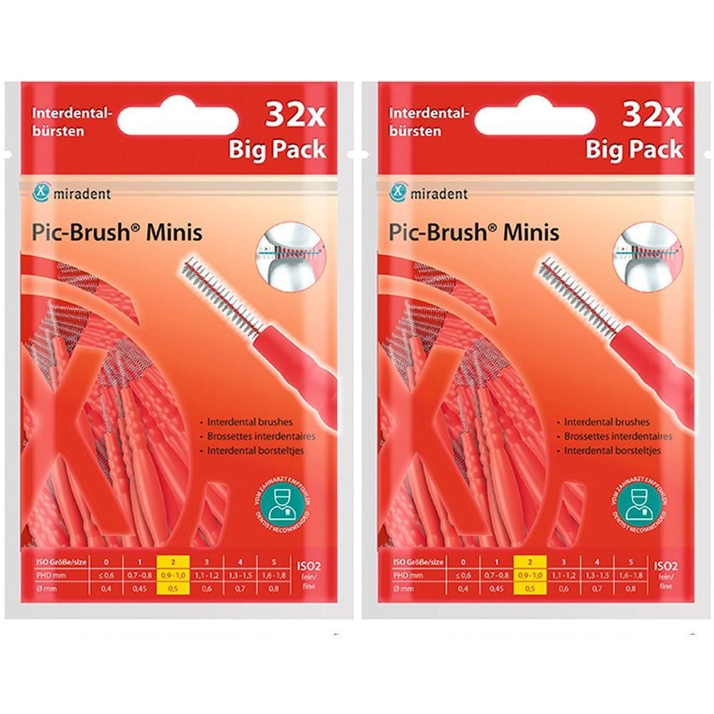 Zwei Packungen MIRADENT Pic-Brush Minis. Rote Verpackung mit Produktabbildung und Text. 32x Big Pack.