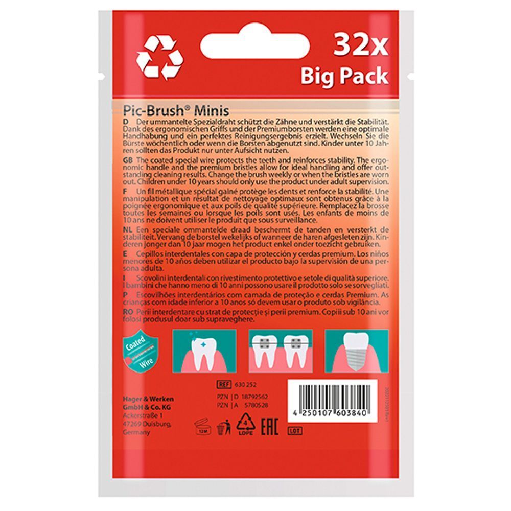 Rückseite der MIRADENT Pic-Brush Minis Verpackung. Text in mehreren Sprachen. 32x Big Pack. Recycling-Symbol.