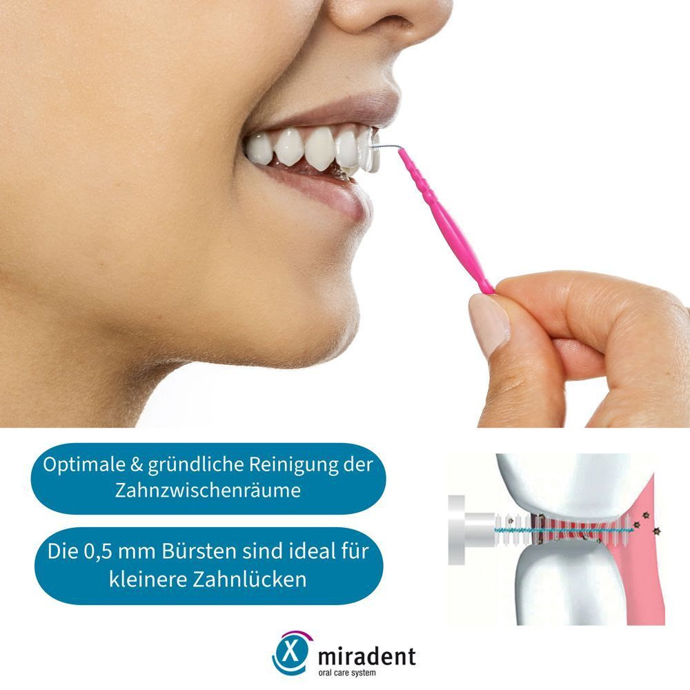 Person benutzt eine rosa MIRADENT Pic-Brush Mini. Illustrationen von Zähnen und Bürste. Text: Optimale Reinigung.