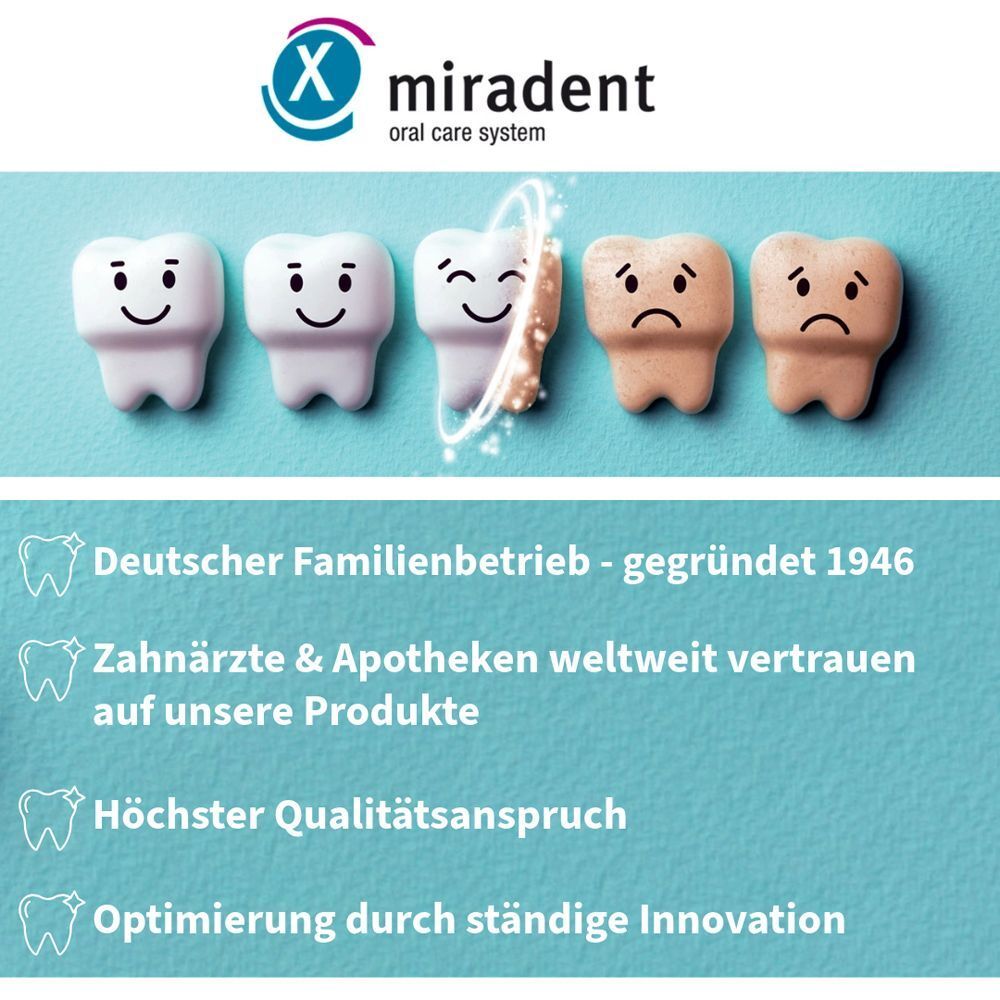 Zähne mit Gesichtern. Logo: miradent oral care system. Text: Deutscher Familienbetrieb, Zahnärzte vertrauen.