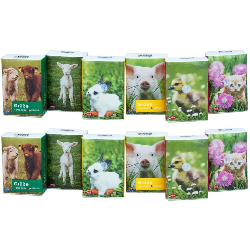 Mehrere Packungen Taschentücher mit Tierkind-Motiven. Jede Packung zeigt ein anderes Tierkind auf grünem Hintergrund. Mit Gruß-Text.