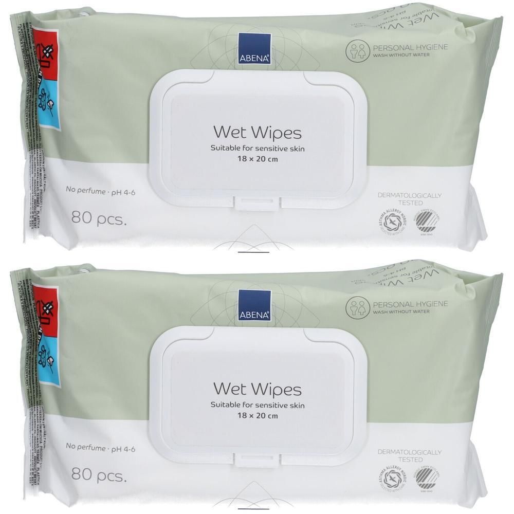 Zwei Packungen Feuchttücher. Aufschrift: Wet Wipes, 18 x 20 cm, 80 Stück. Marke: ABENA. Geeignet für empfindliche Haut.