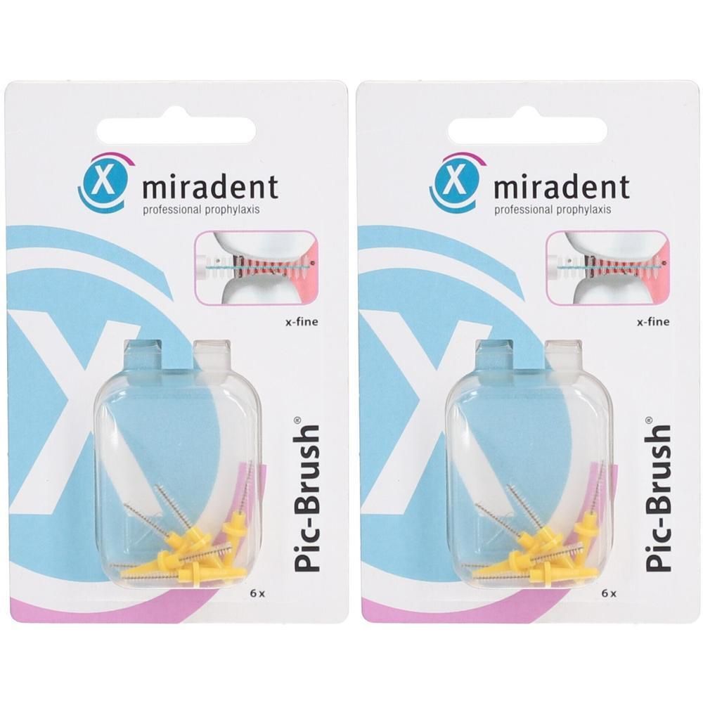 Zwei Packungen Interdentalbürsten. Auf jeder Packung: Marke miradent, Pic-Brush, x-fine, 6 Stück.