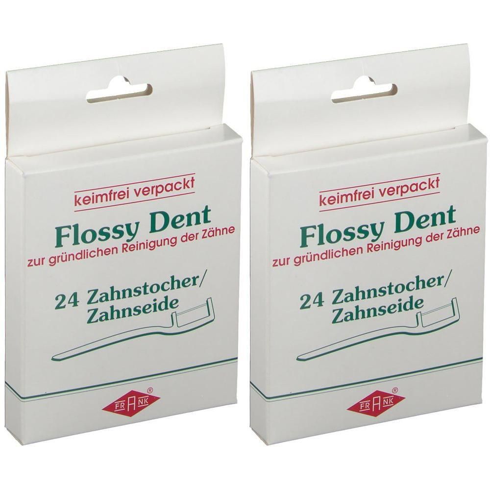 Zwei Packungen FLOSSY DENT Zahnseide/Zahnstocher. Weiße Kartons mit grüner Schrift und Produktabbildung. 24 Stück.