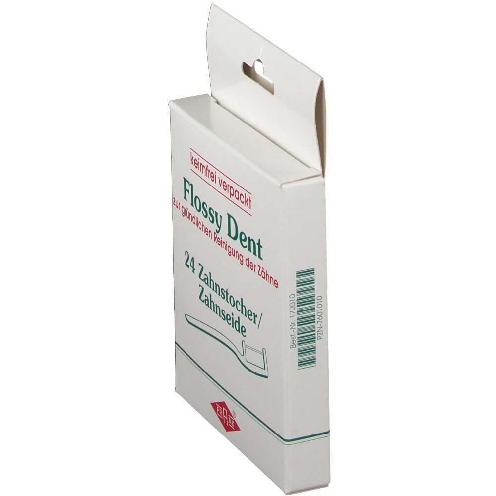 FLOSSY DENT Zahnseide/Zahnstocher-Packung. Weiße Kartonverpackung mit grüner Schrift. 24 Stück. Ansicht von der Seite.