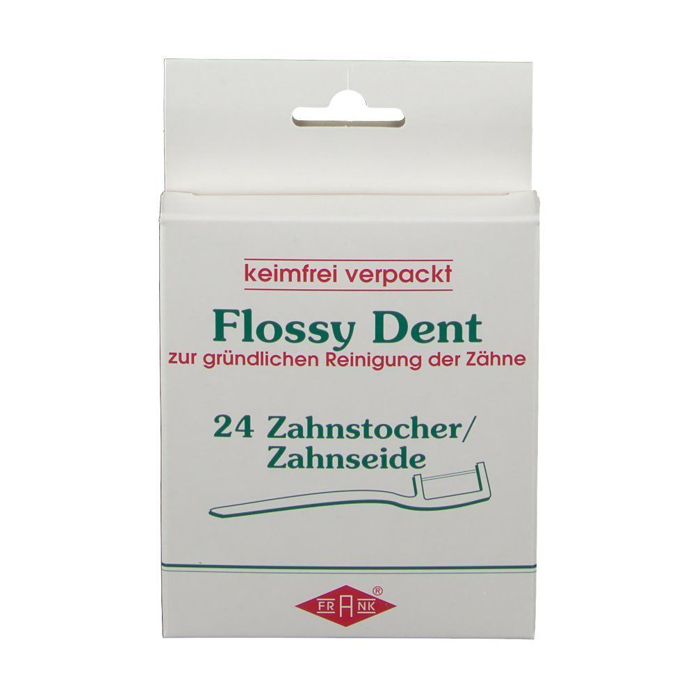 FLOSSY DENT Zahnseide/Zahnstocher-Packung. Weiße Kartonverpackung mit grüner Schrift und Produktabbildung. 24 Stück.