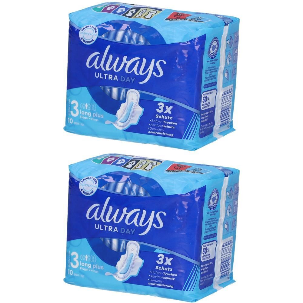 Zwei Packungen Always Ultra Day, blaue Verpackung. Aufdruck: Always, Ultra Day, 3 long plus, 3x Schutz.