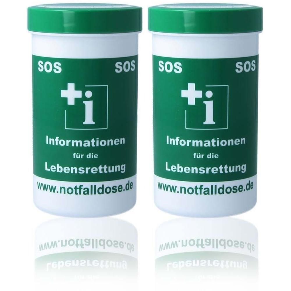 Zwei weiße Behälter mit grünem Deckel. Aufschrift: SOS, Kreuz mit i, Informationen für die Lebensrettung, www.notfalldose.de.