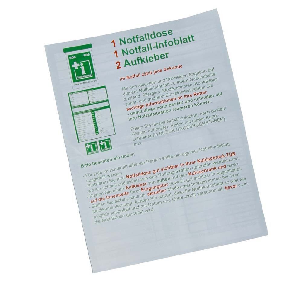 Ein weißes Blatt mit Text und Grafiken. Überschrift: 1 Notfalldose, 2 Aufkleber. Logo: Kreuz mit i. Text in Deutsch.