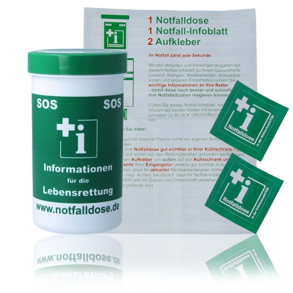 Behälter, Aufkleber und Infoblatt. Behälter: weiß, grün. Aufschrift: SOS, Kreuz mit i, Informationen für die Lebensrettung. Aufkleber: grün, weiß.
