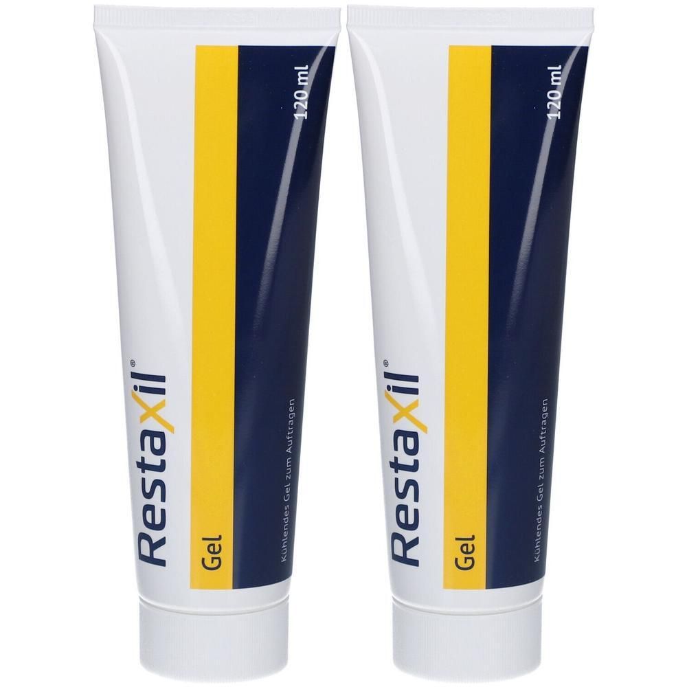 Zwei Tuben Gel. Weiße Tuben mit gelbem Streifen und blauer Schrift. Aufschrift: Restaxil Gel, 120 ml.
