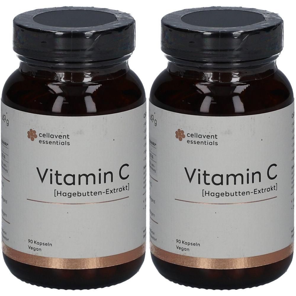 Zwei braune Glasflaschen mit schwarzen Deckeln. Auf den Etiketten steht "Vitamin C [Hagebutten-Extrakt]" und "cellavent essentials".