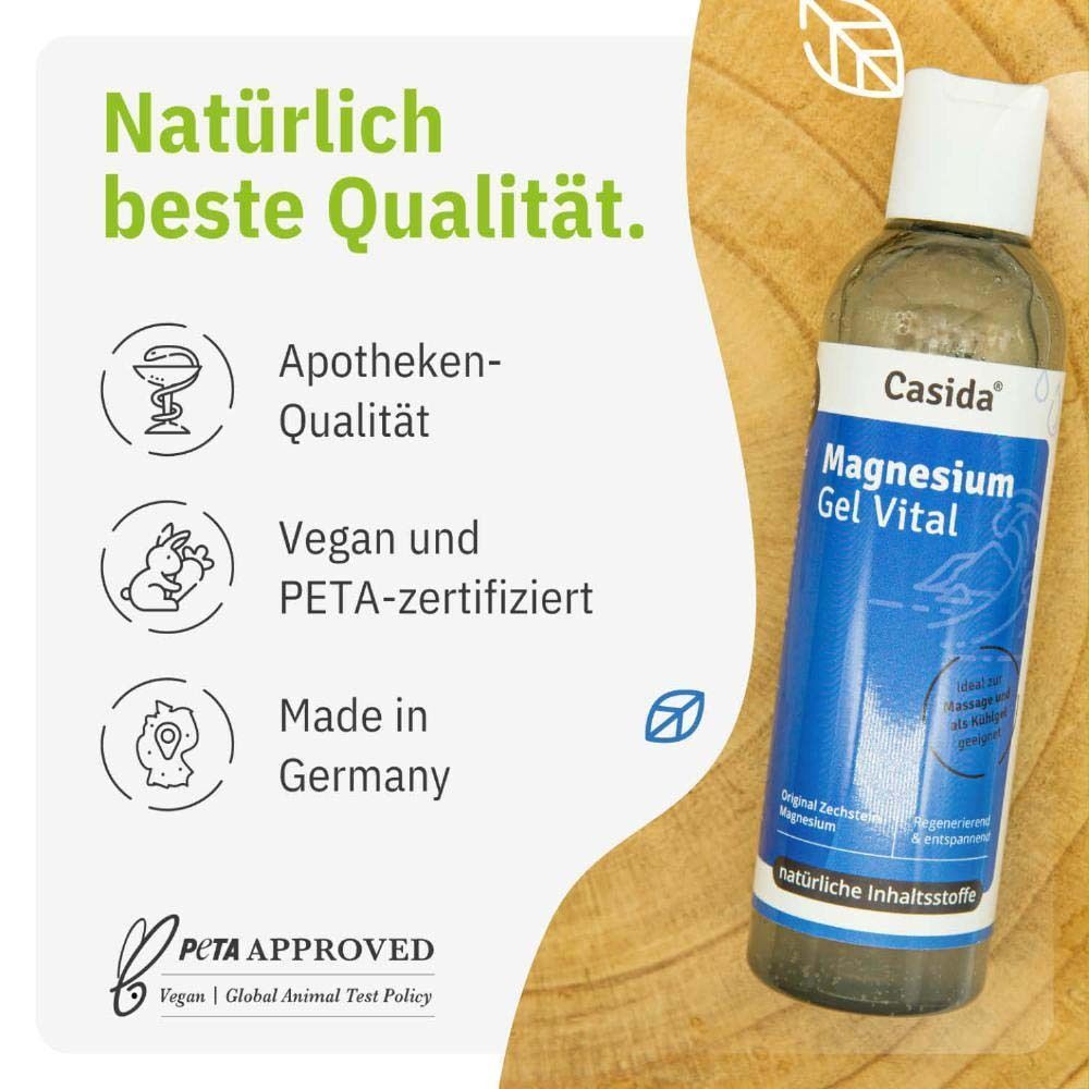 Flasche Casida Magnesium Gel Vital. Blaue Etikettierung, weiße Kappe. Text: Apotheken-Qualität, Vegan, Made in Germany.