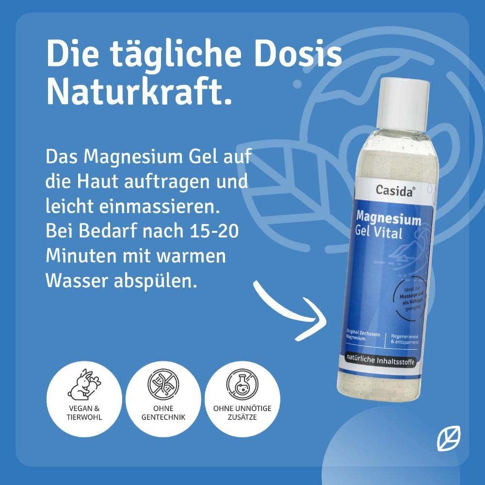 Flasche Casida Magnesium Gel Vital. Blaue Etikettierung, weiße Kappe. Text: Anwendungshinweise. Vegan & tierwohl, ohne Gentechnik.