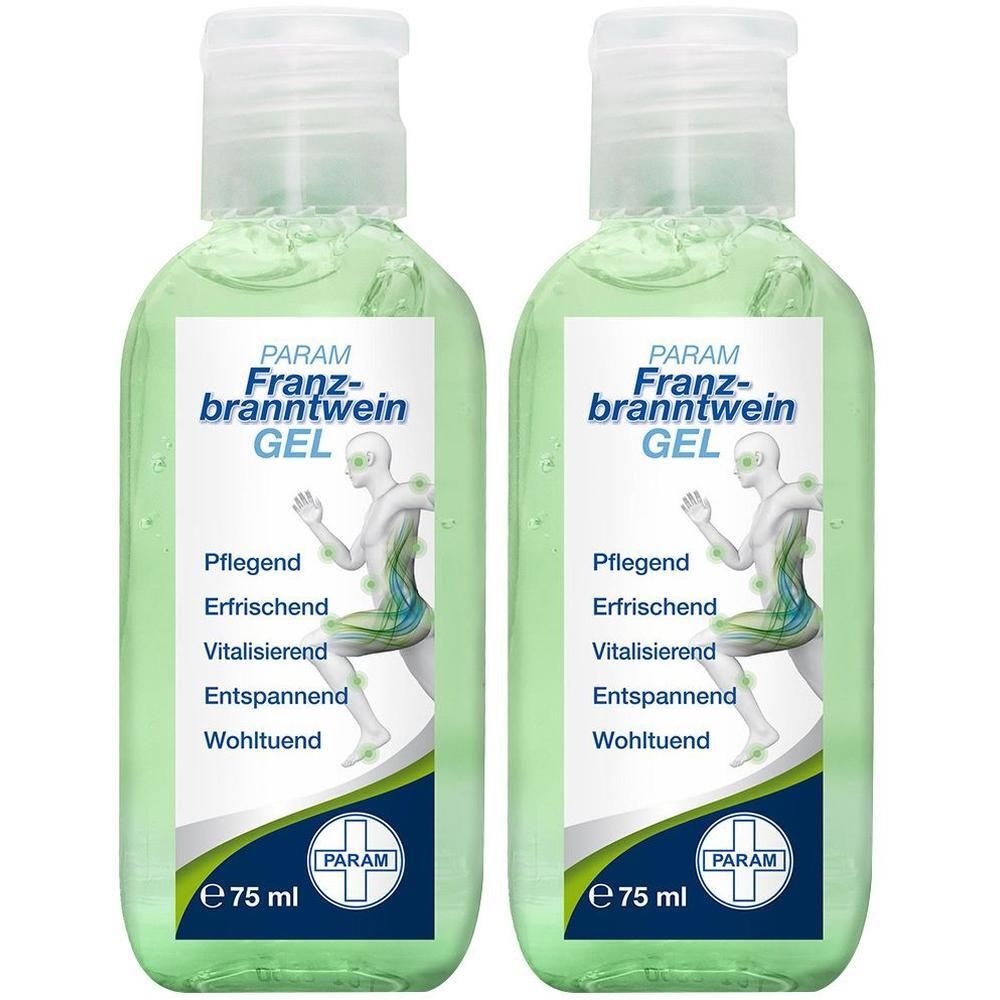 Zwei Flaschen Franzbranntwein Gel. Jede Flasche hat einen grünen Inhalt und einen weißen Deckel. Auf dem Etikett steht "PARAM Franzbranntwein GEL".