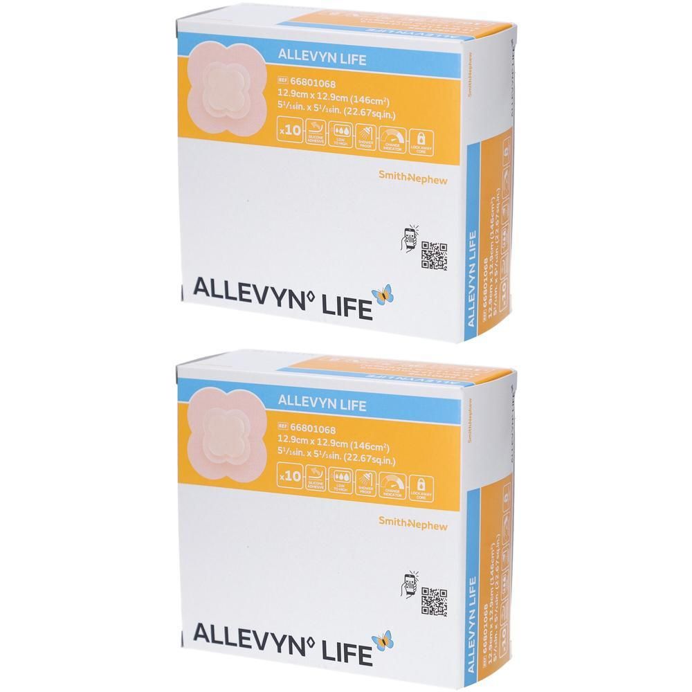 Zwei Kartons mit ALLEVYN LIFE. Aufdruck: 12,9 x 12,9 cm, 10 Stück. Marke Smith & Nephew. Rosa Verband-Abbildung.