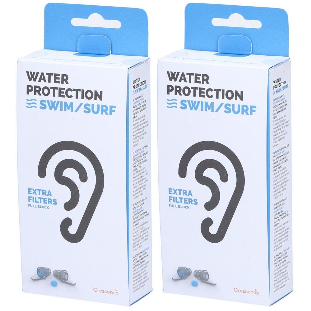 Zwei weiße Kartons mit Ohrschutz. Aufdruck: Wasser Schutz Swim/Surf, Ohr-Symbol, Extra Filter. Marke Crescendo.