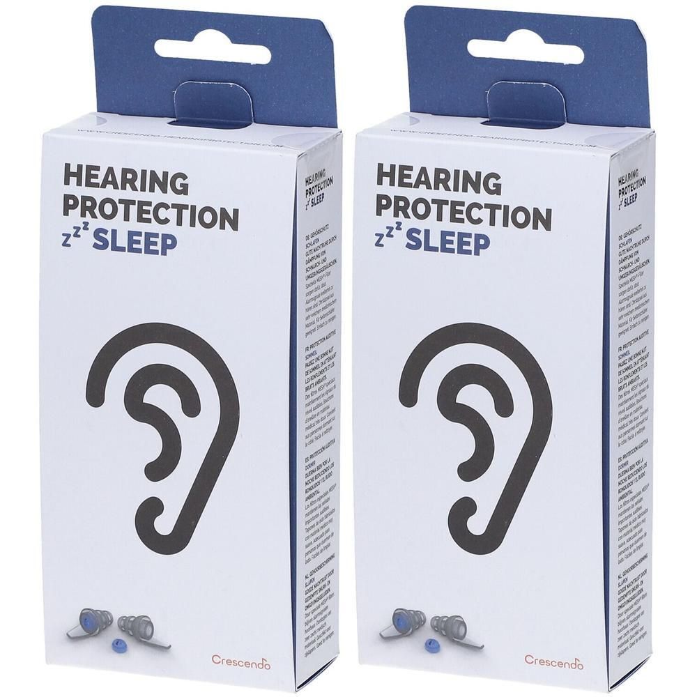 Zwei weiße Schachteln mit blauem Griff. Aufschrift: HEARING PROTECTION zzz SLEEP. Darunter ein Ohr-Symbol und Ohrstöpsel-Abbildung.