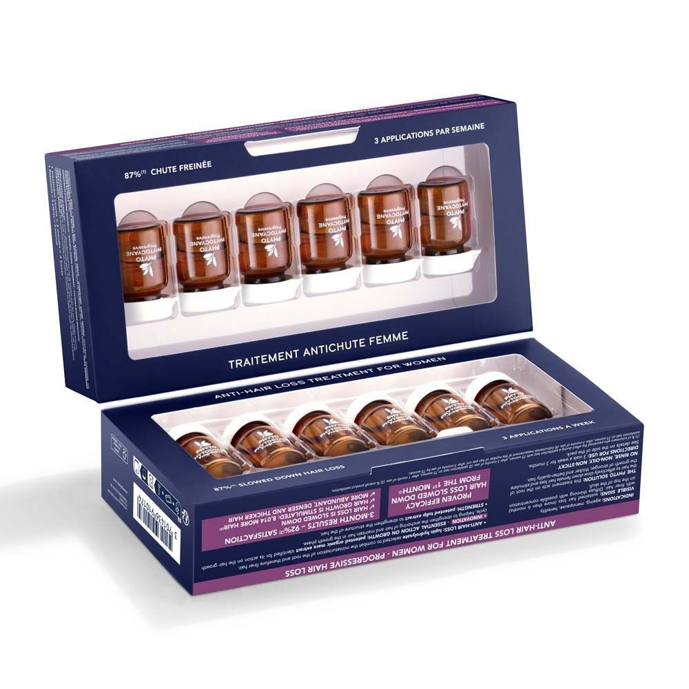 Geöffnete Produktverpackung mit Ampullen. Aufschrift: TRAITEMENT ANTICHUTE FEMME. Sichtbare Ampullen in Halterung.
