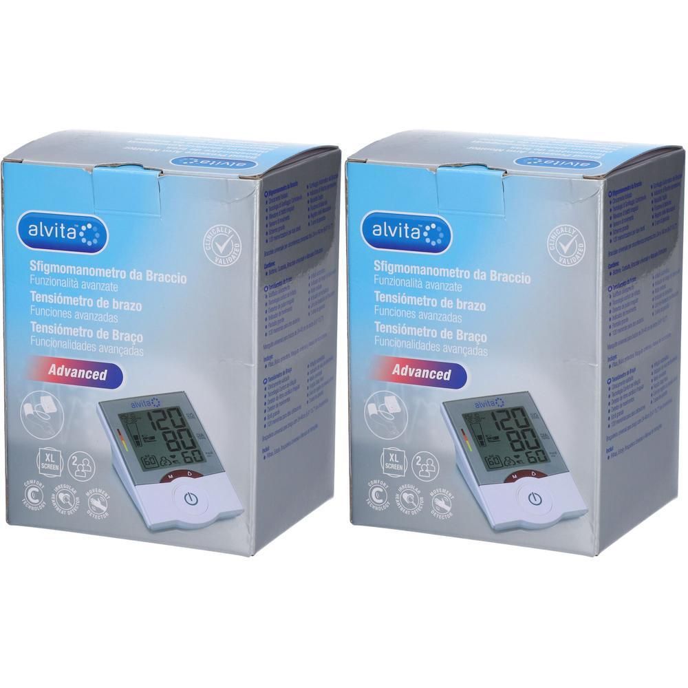 Zwei Kartons mit Blutdruckmessgeräten. Aufdruck: alvita, Stigomanometro da Braccio, Advanced. Geräte mit Display.