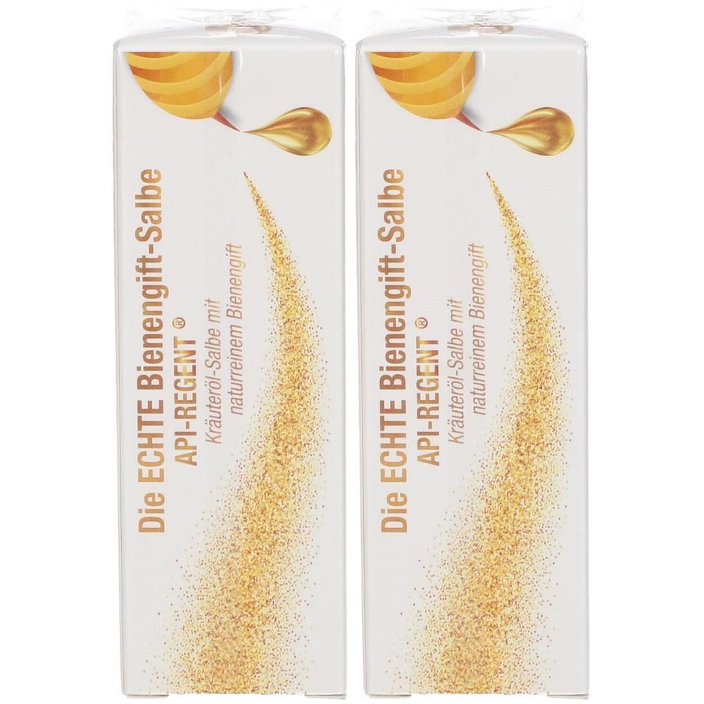 Zwei rechteckige Verpackungen. Aufschrift: Die ECHTE Bienengift-Salbe, API-REGENT. Illustration: goldfarbene Tropfen und Partikel.