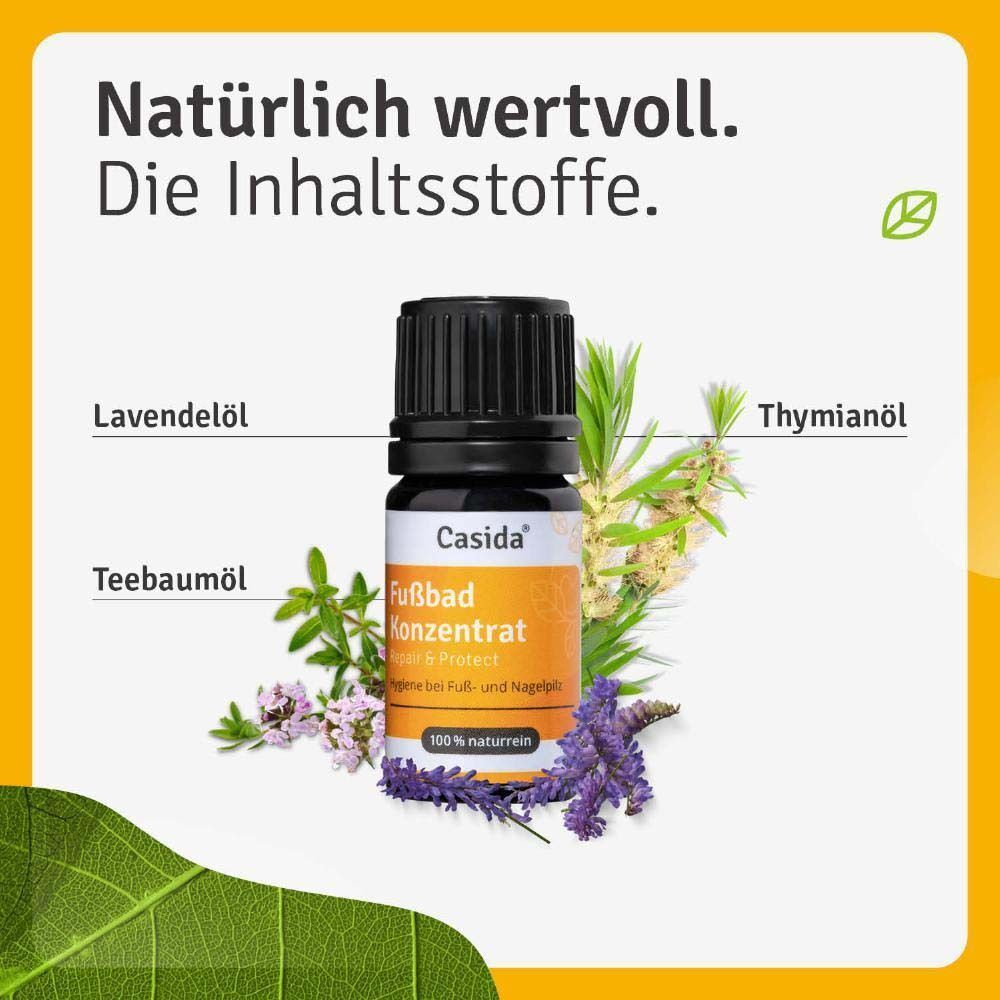 Flasche FUSSBAD Konzentrat mit Kräutern. Marke: Casida. Aufschrift: Repair & Protect, 100% naturrein. Kräuter: Lavendelöl, Teebaumöl, Thymianöl.