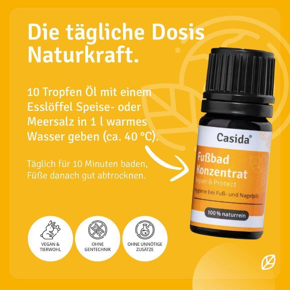 Flasche FUSSBAD Konzentrat. Marke: Casida. Aufschrift: Repair & Protect, 100% naturrein. Anweisungen: 10 Tropfen in warmes Wasser (ca. 40°C).
