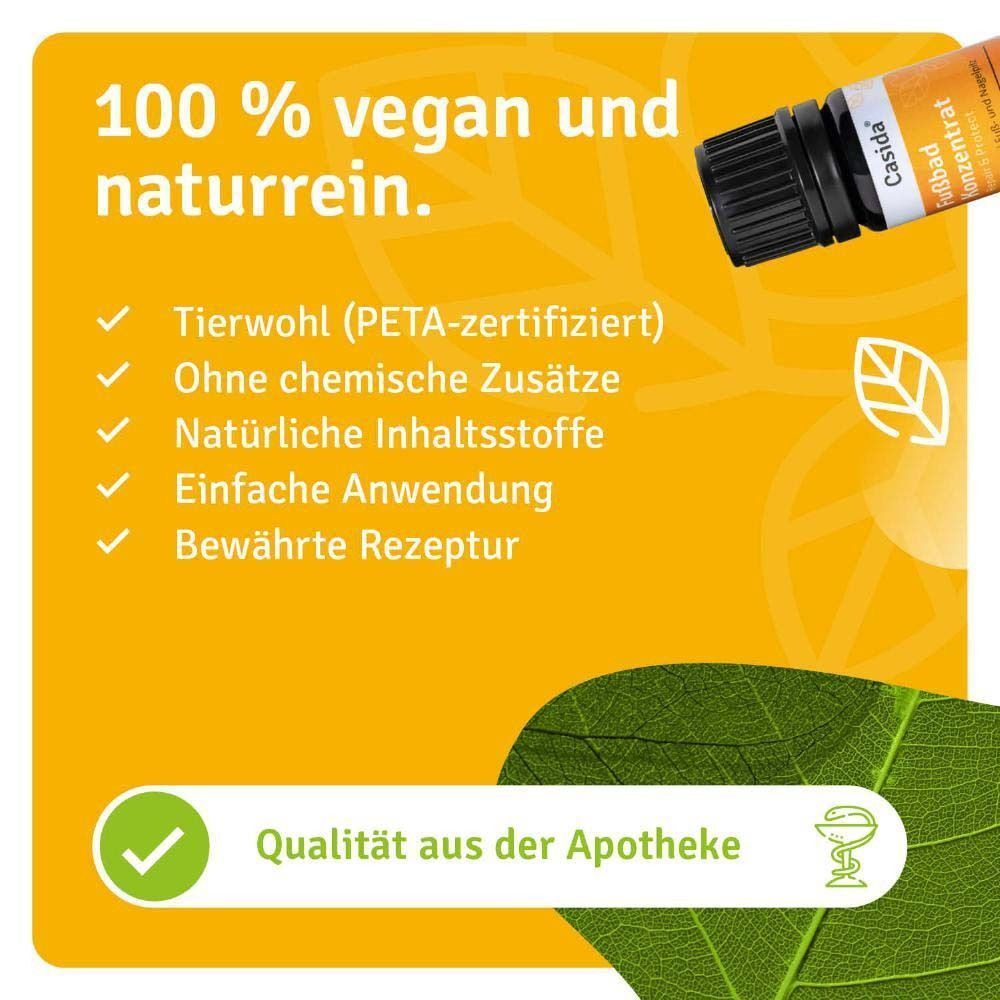 Flasche FUSSBAD Konzentrat. Marke: Casida. Aufschrift: Repair & Protect, 100% naturrein. Merkmale: tierwohl (PETA), ohne chemische Zusätze, natürliche Inhaltsstoffe.