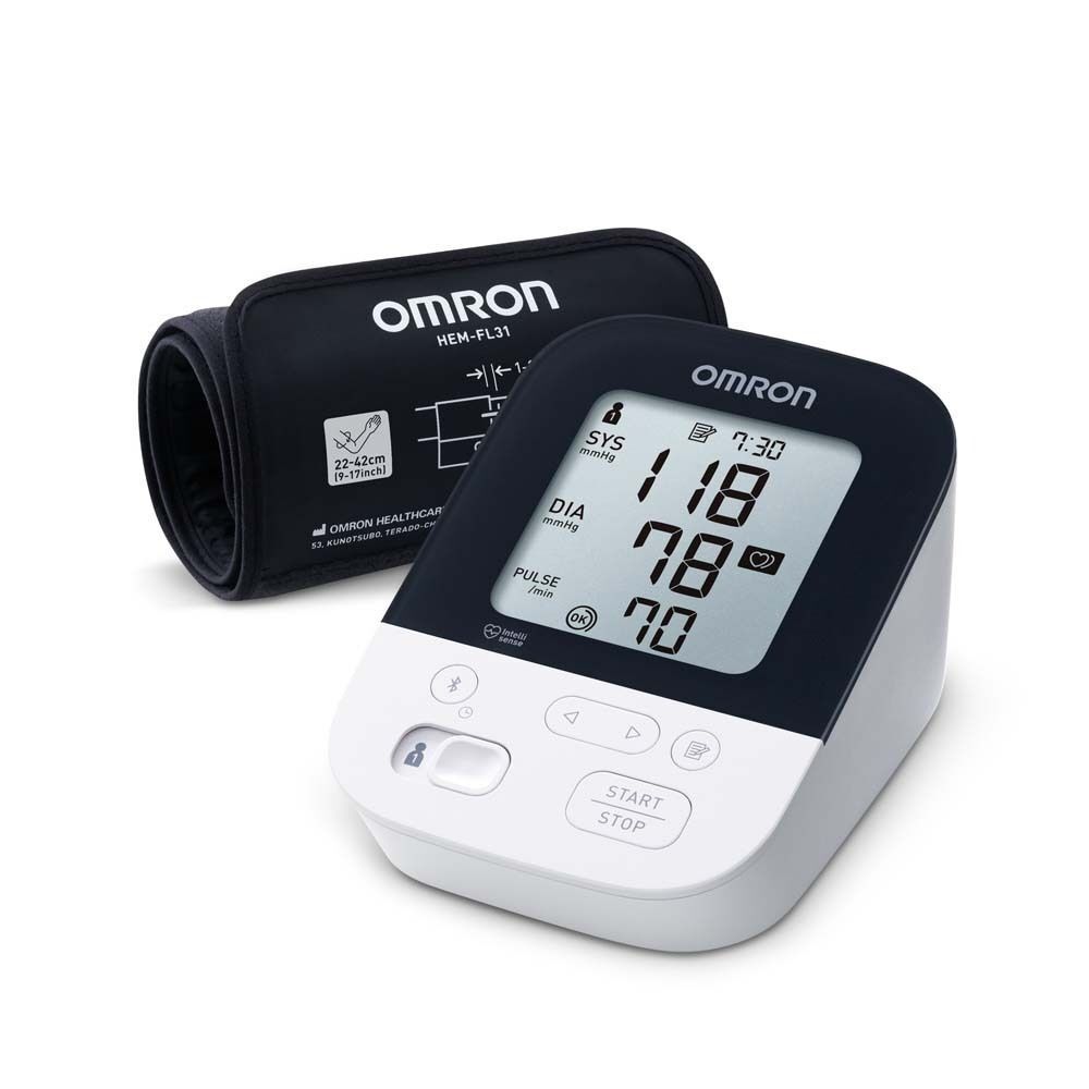 OMRON M400 Intelli IT Blutdruckmessgerät mit Manschette. Digitalanzeige mit Messwerten. Gerät in Weiß und Schwarz. Manschette schwarz.