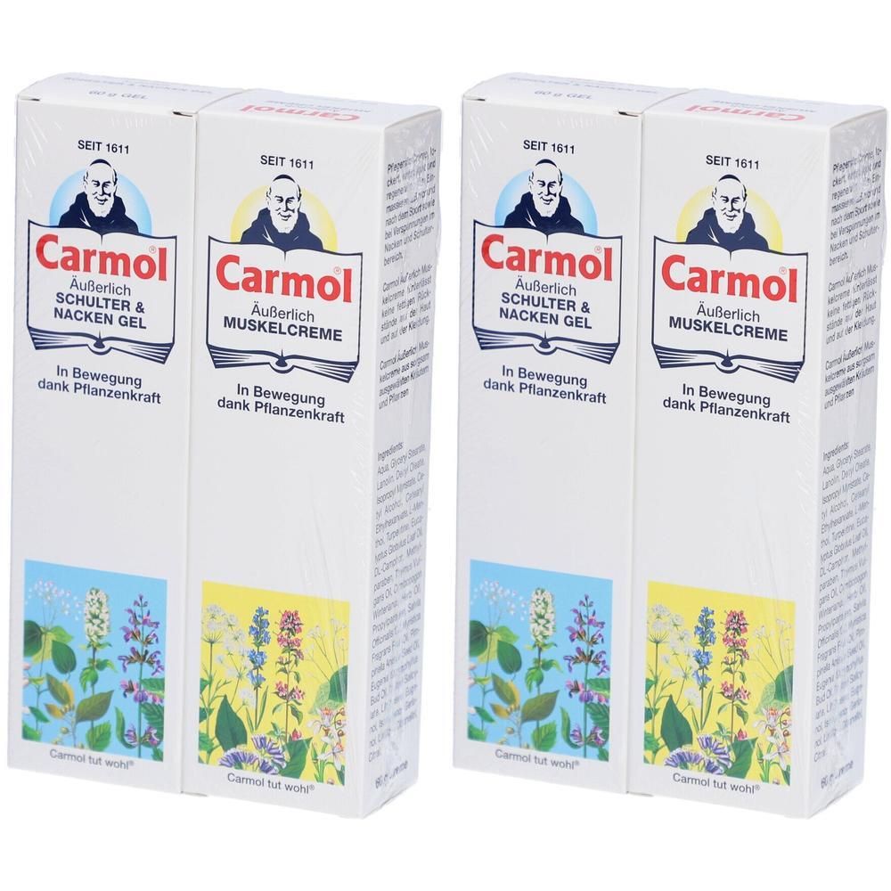 Zwei weiße Kartons mit Produktnamen Carmol. Aufschrift: Schulter & Nacken Gel und Muskelcreme. Illustrationen von Kräutern.