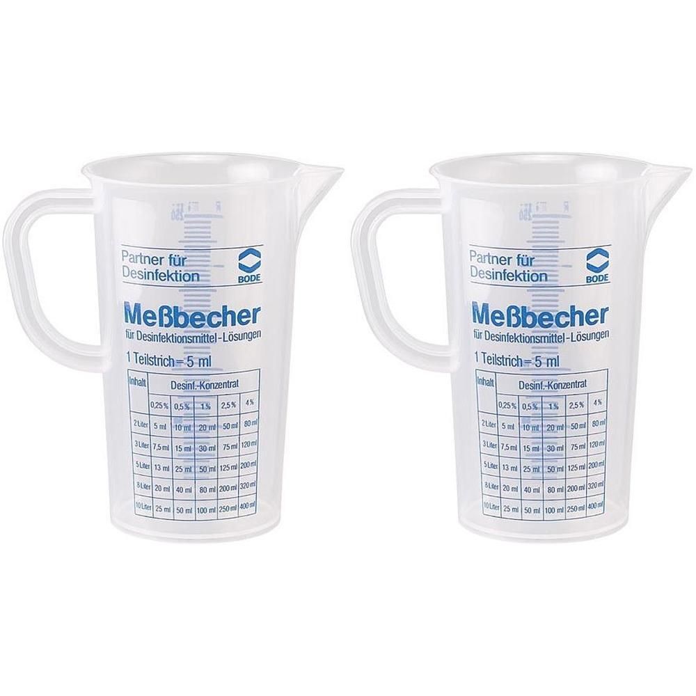 Zwei transparente Messbecher mit Henkel und Ausguss. Aufdruck: "Meßbecher", "Partner für Desinfektion", Skala und Schrift.